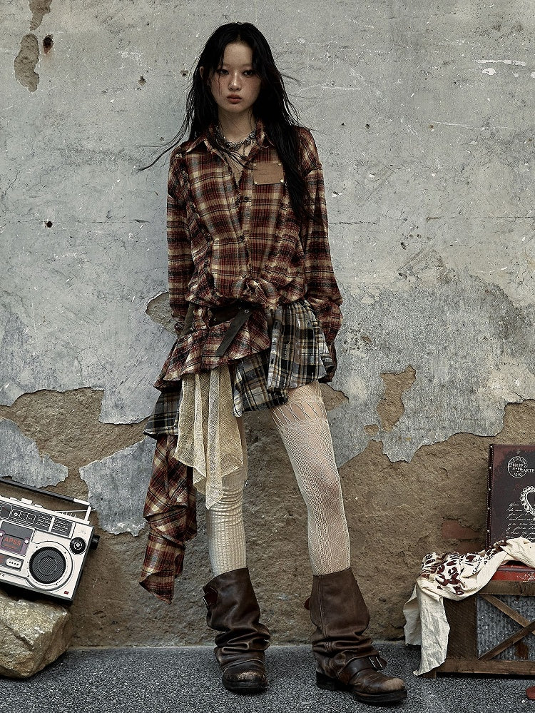 Red and Brown Plaid Punk Faded Wash Shirt Frayed Hem