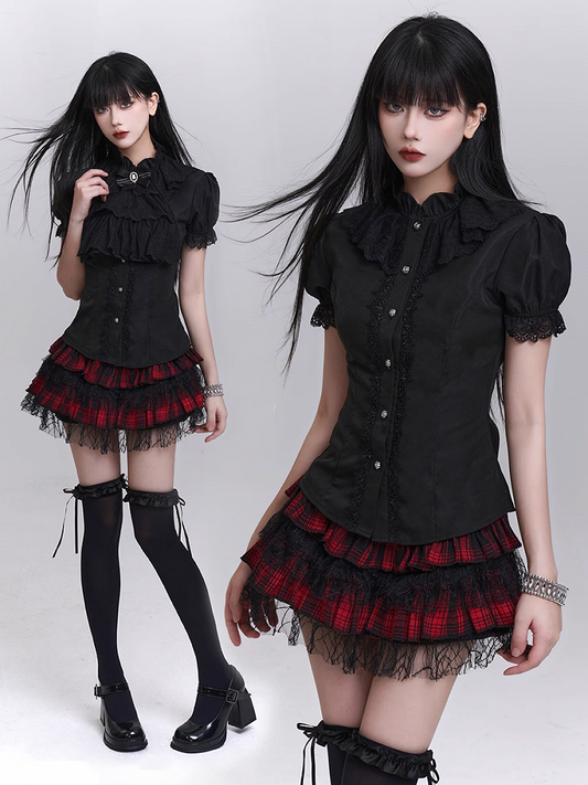 Black Puff Sleeves Vintage Gothic Blouse with Detachable Jabot Tie