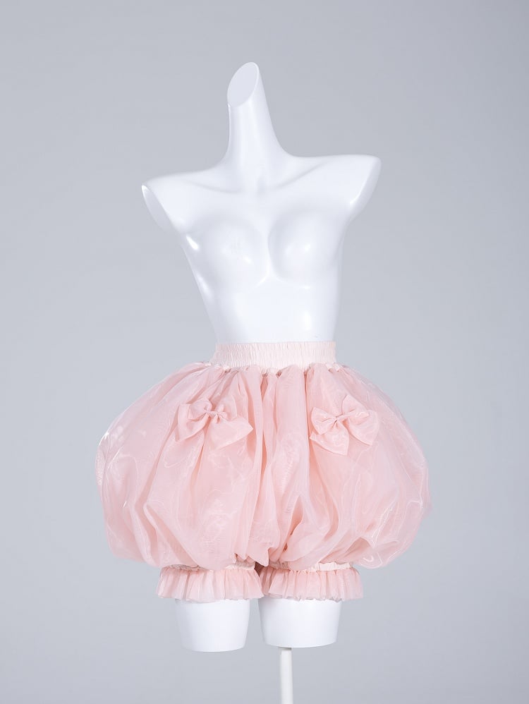 Sweet Pink Elastic Waist and Cuffs Bows Accents Lolita Puffy Petticoat Shorts