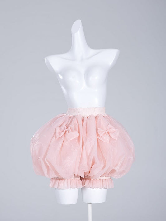 Sweet Pink Elastic Waist and Cuffs Bows Accents Lolita Puffy Petticoat Shorts