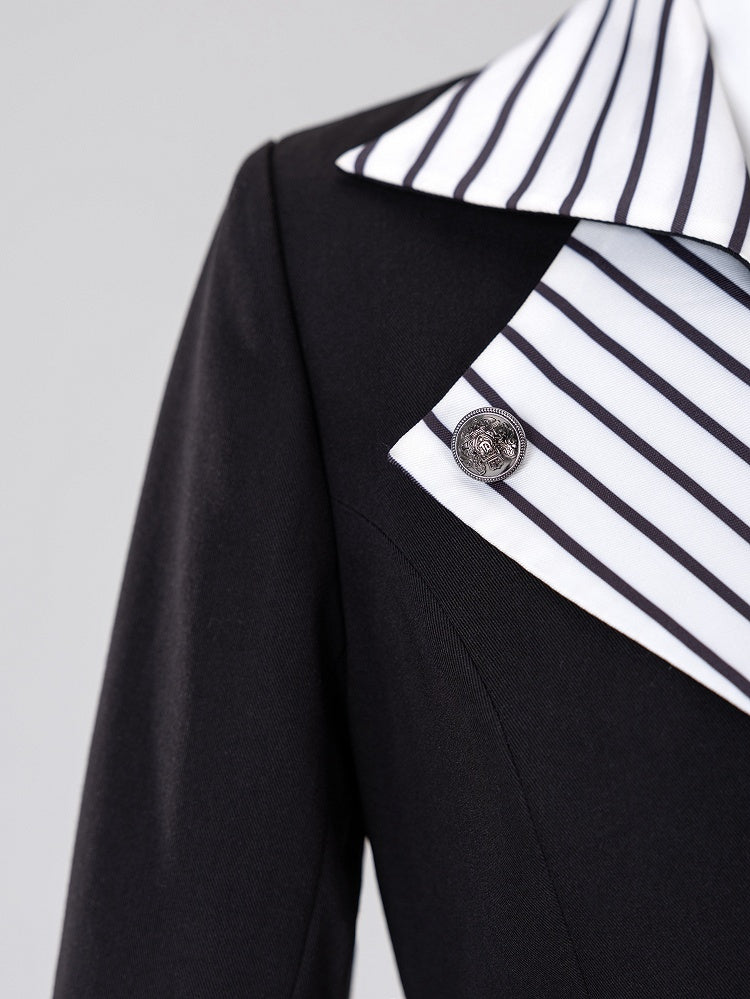 Ouji Fashion Clown Vibes White Striped Lapel Collar Black Tailcoat Halloween Outfit