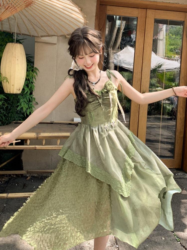 Green Handkerchief Hem Mori Kei Cami Dress with Self-tie Shoulder Straps