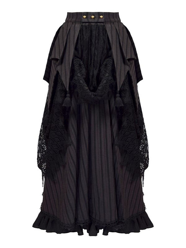 Gothic Black Lace Overlay Striped Skirt And Handkerchief Hem Train Set