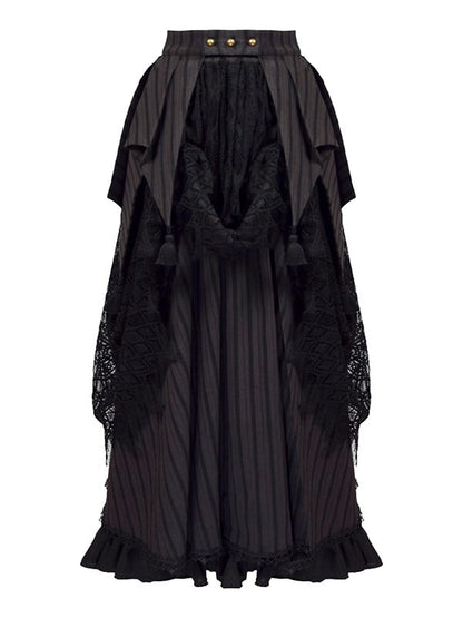 Gothic Black Lace Overlay Striped Skirt And Handkerchief Hem Train Set