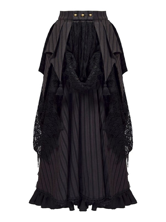 Gothic Black Lace Overlay Striped Skirt And Handkerchief Hem Train Set