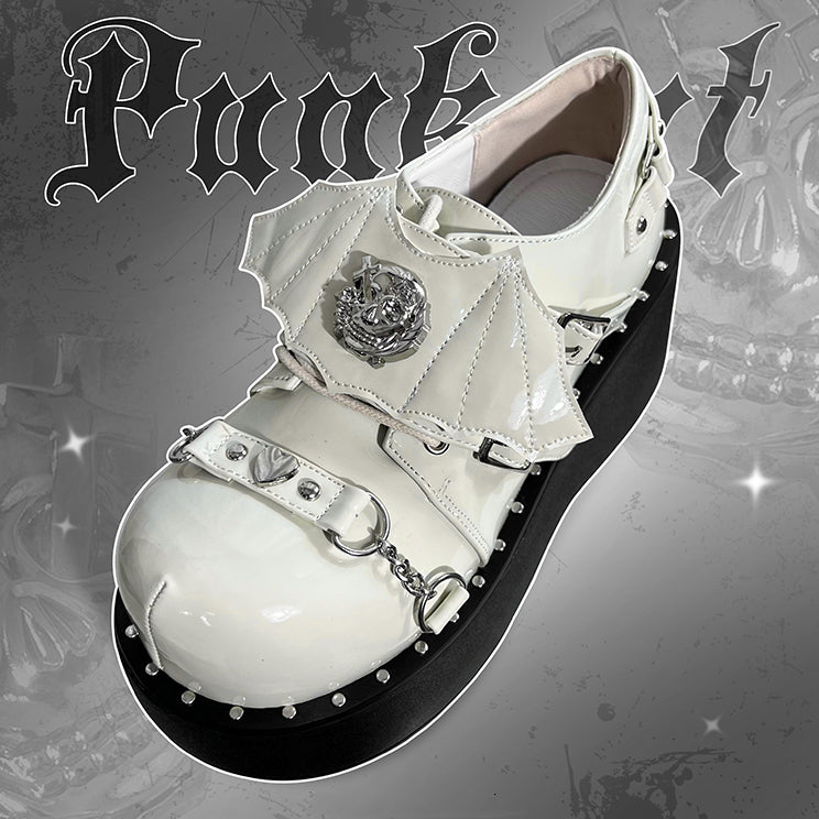 Devil Wings Punk White Platforms Silver-tone Studs Goth Shoes