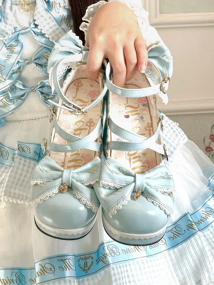 Blue Crisscross Design Heart Buckles Detachable Bow at Top High Block Heels