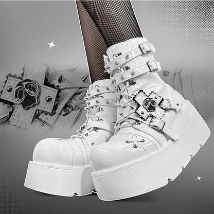 Metal Skull Polished White Punk Wedge Platform Boots Spike Stud Detailing
