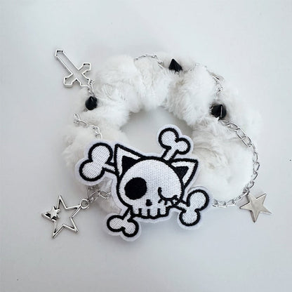 Black/White Skeleton Applique Gothic Plush Scrunchie