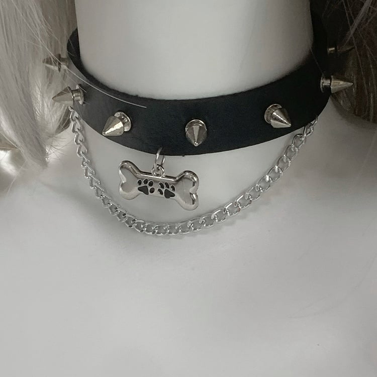 Black/White/Pink/Blue Bone Pendant Studded PU Choker with Chain