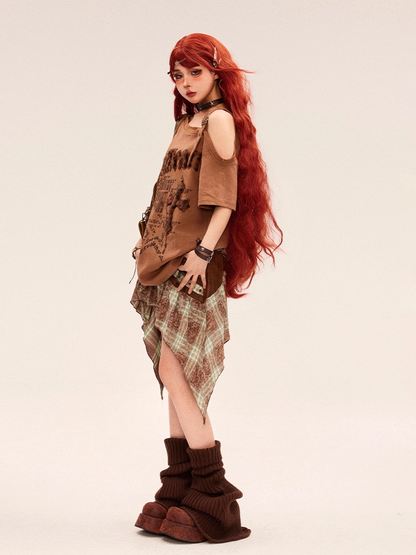 Gyaru Fashion Leopard Cross Applique Brown Asymmetrical Neckline T-shirt