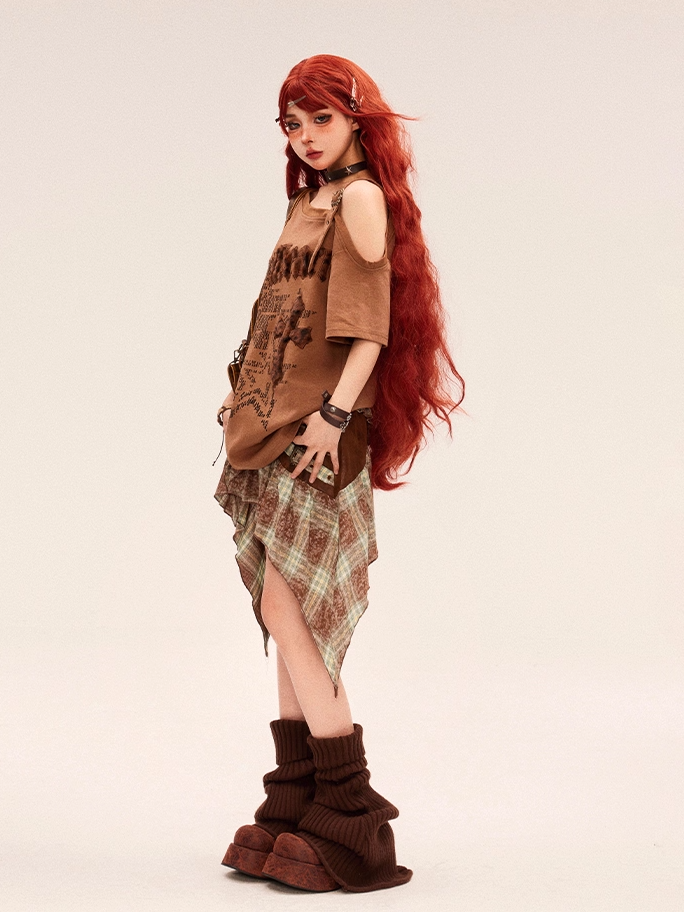 Gyaru Fashion Leopard Cross Applique Brown Asymmetrical Neckline T-shirt