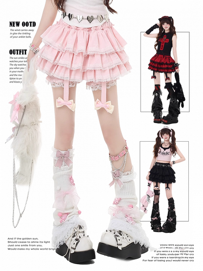 Y2K Red/Pink/Black Lace Trim Glamorous Tiered Skirt with Detachable Bowknot