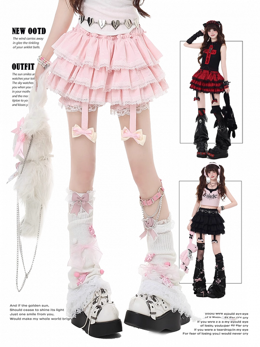 Y2K Red/Pink/Black Lace Trim Glamorous Tiered Skirt with Detachable Bowknot