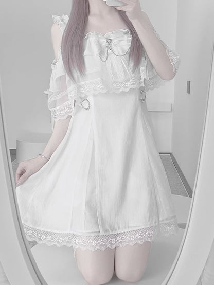 Jirai Kei White Off-the-shoulder Neckline Cape Design Dress with Chains Decorated Bowknot