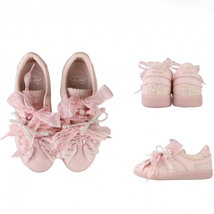 Pink Beaded Decorated Bow at Top Lace Front Lace-up Ties Sneakers