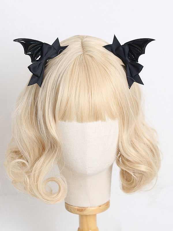 A Pair of Gothic Lolita Black Polished Bat Wing Hairclips with Dark Red / Black / Dark Blue Bowknot Decorations