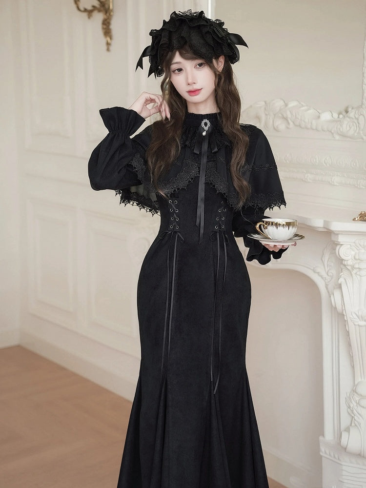 Black Jirai Kei-inspired Elegant Mermaid Dress with False Two-Piece Cape