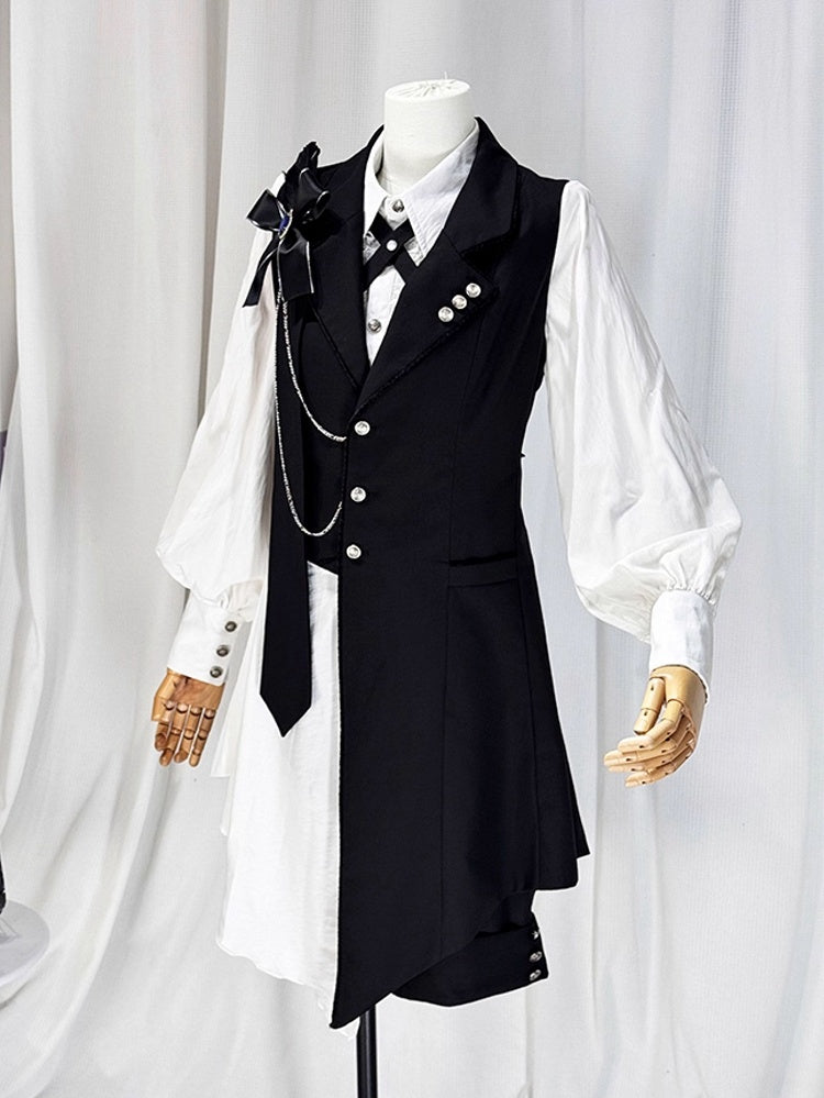 Ouji Lolita White and Black Eight-Piece Set - Asymmetrical Design Waistcoat + Shirt + Shorts + Matching Accessories