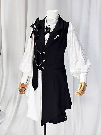Ouji Lolita White and Black Eight-Piece Set - Asymmetrical Design Waistcoat + Shirt + Shorts + Matching Accessories