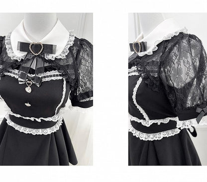 Black Jirai Kei Set -Shirt Collar Sweetheart Rhinestone Decoration Lace Shawl Top + Shorts + Bowtie