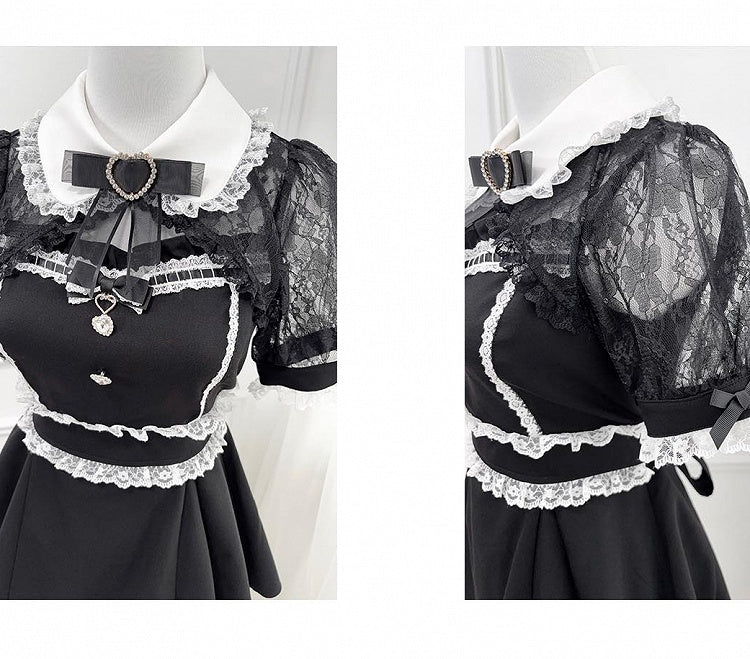 Black Jirai Kei Set -Shirt Collar Sweetheart Rhinestone Decoration Lace Shawl Top + Shorts + Bowtie