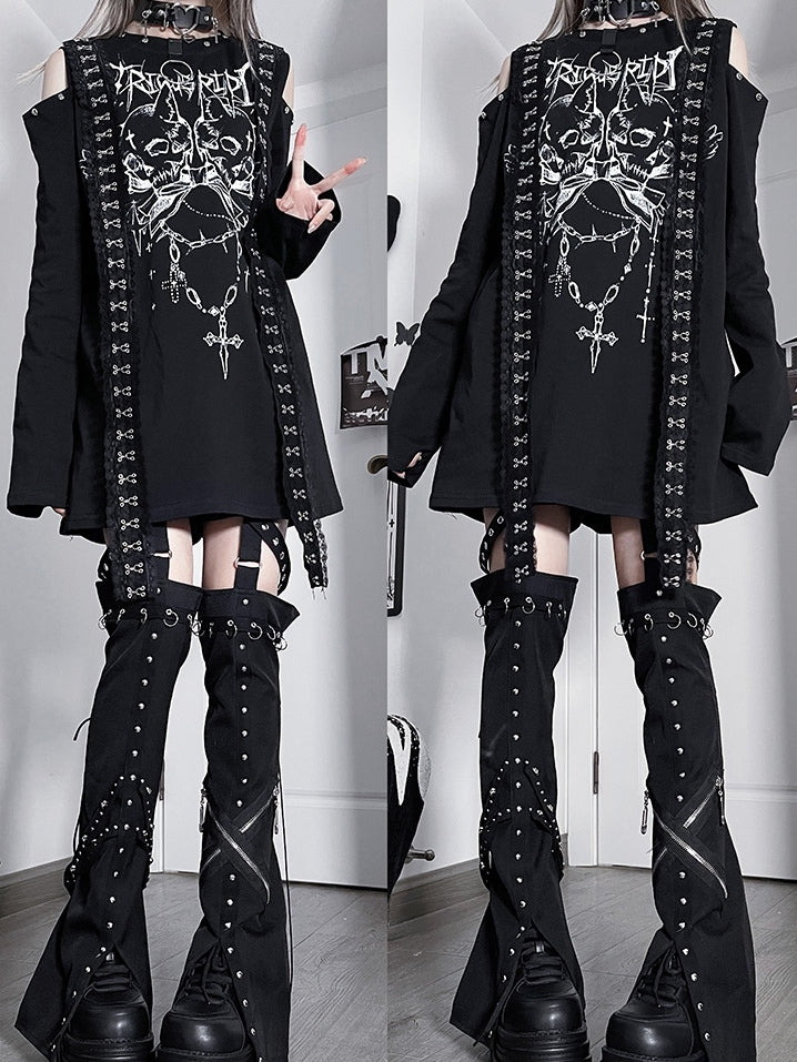 Black&White Emo Punk Cutout Shoulder Skeleton And Letter Print Long Sleeves Top