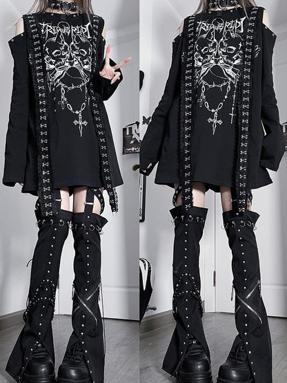 Black&White Emo Punk Cutout Shoulder Skeleton And Letter Print Long Sleeves Top