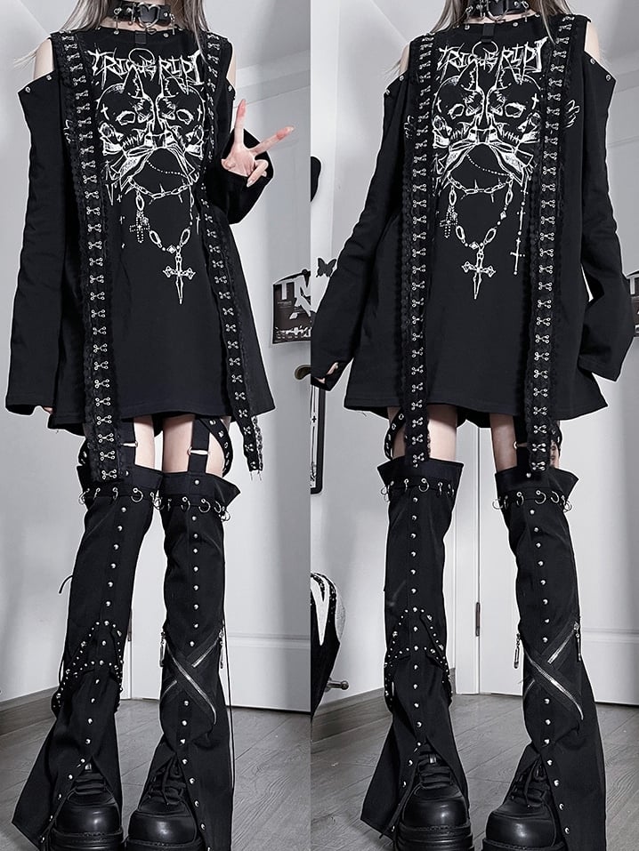 Black&White Emo Punk Cutout Shoulder Skeleton And Letter Print Long Sleeves Top