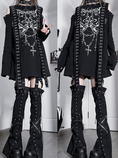 Black&White Emo Punk Cutout Shoulder Skeleton And Letter Print Long Sleeves Top