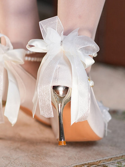 Beige Floral Bowknot Beaded Chain 6CM/8CM Hime Lolita Heels