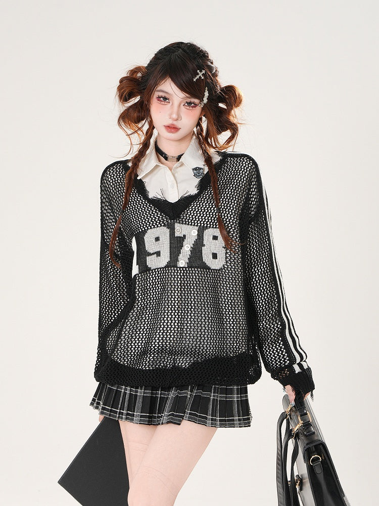 Raw Hem Number Print Black/White Hollow-out Coverup