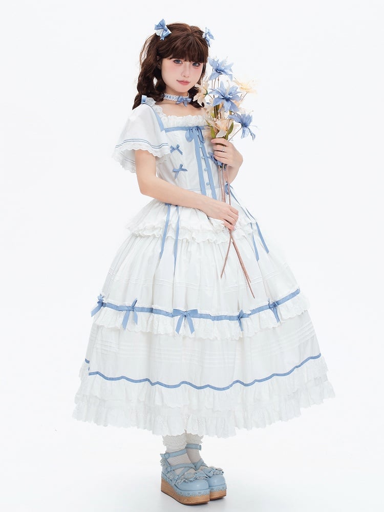 Plus Sizes Available Blue and White Classic Lolita Cotton Dress with Detachable Butterfly Sleeves