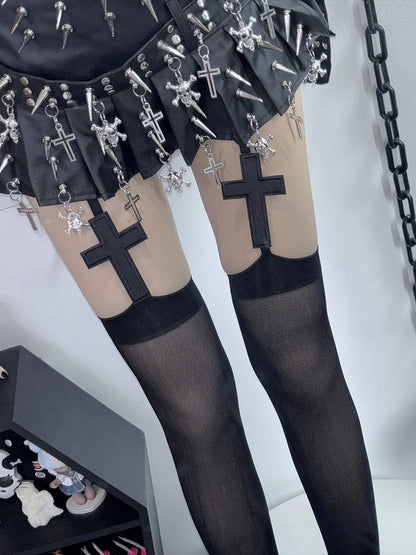 Black/White Y2K Gyaru Fashion Cross Applique Suspender Stockings