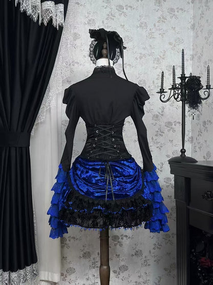 Black and Klein Blue Gothic Lolita Full Set - Long Bell Sleeves Shirt + Boned High Waist Skirt + Jabot Tie + Mini Hat