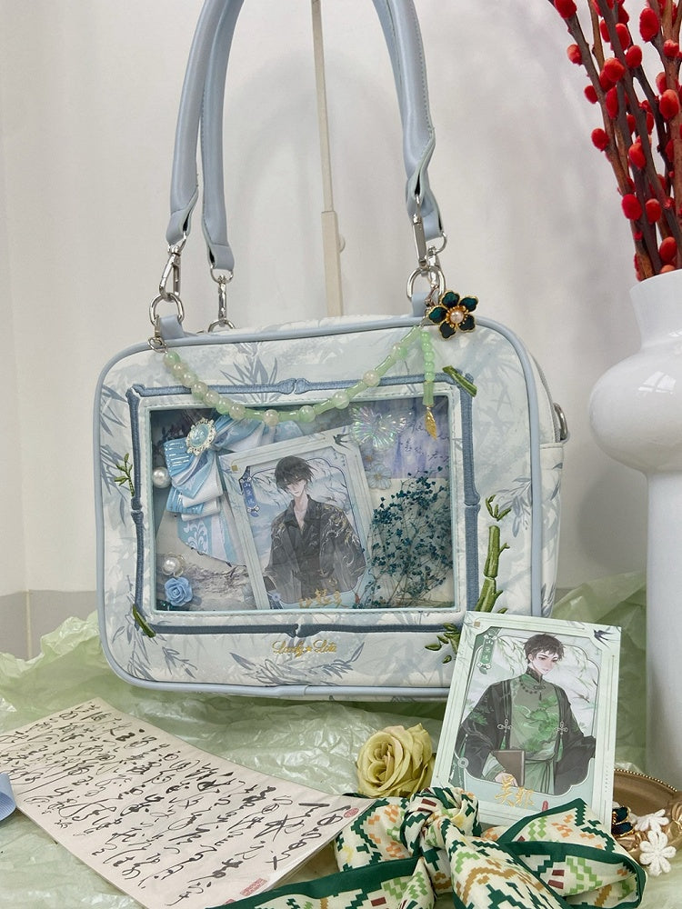 Light Blue Bamboo Leaf Pattern Cheongsam Style Ita Shoulder Bag with Detachable Beaded Chain