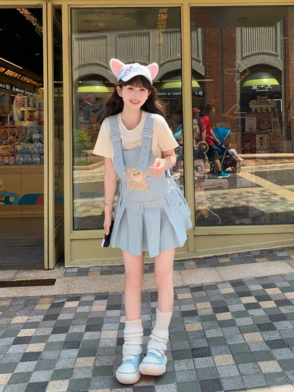 Plush Bear Applique Blue Box Pleat Overall Dress Adjustable Shoulder Straps