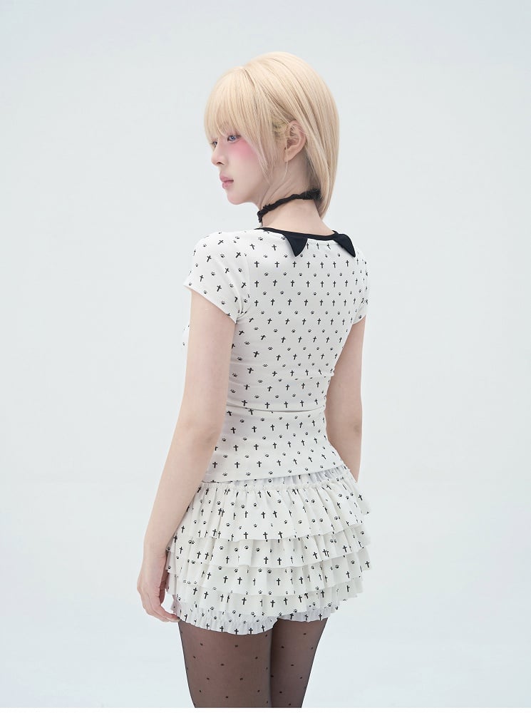 Pastel Gothic Black & White Allover Cross and Cat Paw Print Cat Ears Detail at Back T-Shirt