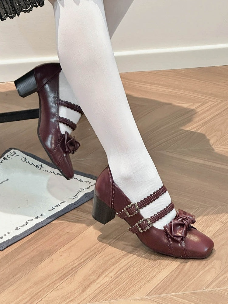 Wine Red Bow at Top Sweet Lolita Shoes