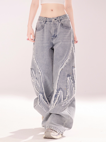 Light Blue Low Rise Wings Embroidery Applique Vintage Wide-leg Jeans