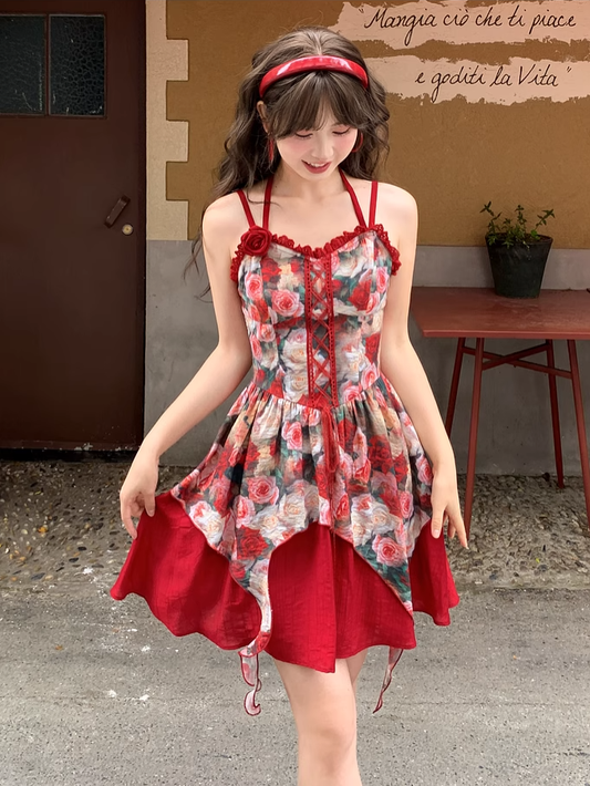 Red Rosette Print Cascading Ruffles Lace-up Front Cami Dress