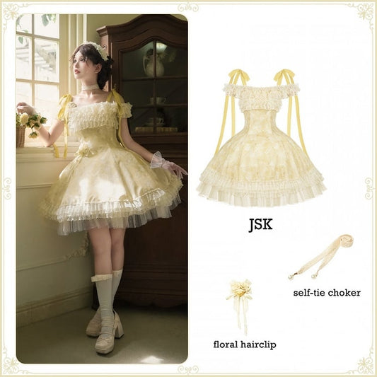 Light Yellow Butterfly and Floral Print Versatile Neckline Dress Lolita JSK Full Set