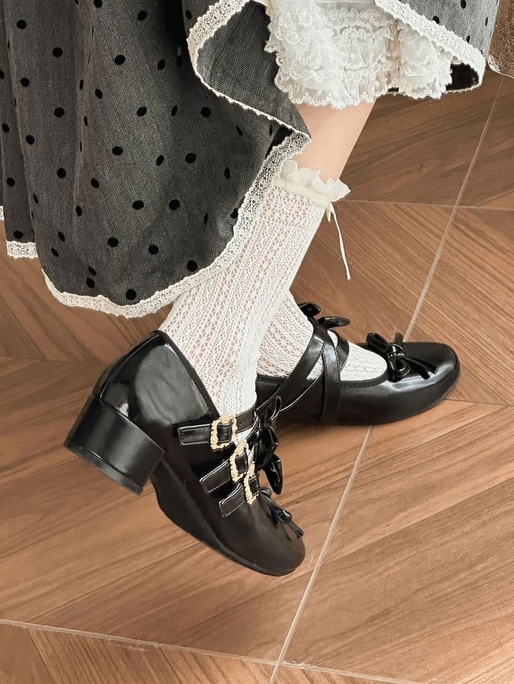 Black Bow at Top Crisscross Design Lolita Shoes Detachable Bowknots