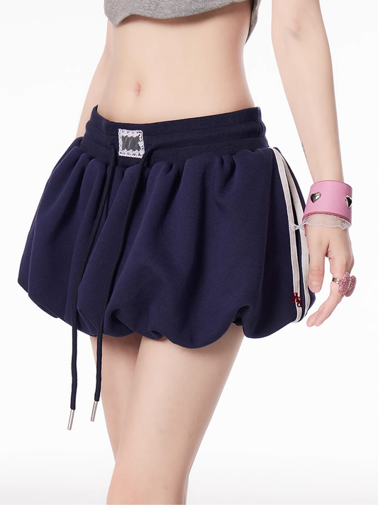 Navy Blue Drawstring Waist Blokette Core Mini Bubble Skirt