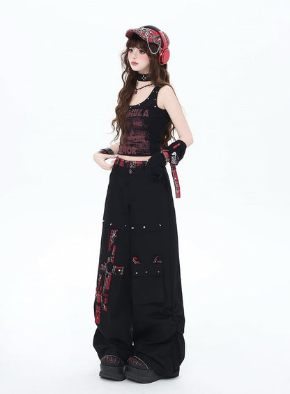 Black and Red Plaid Studs Detail Wide-Leg Pants