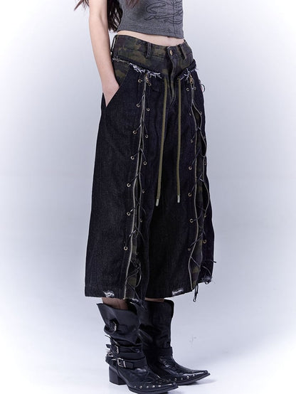 Camouflage Lace-up Front Punk Rock Distressed Straight-leg Jeans