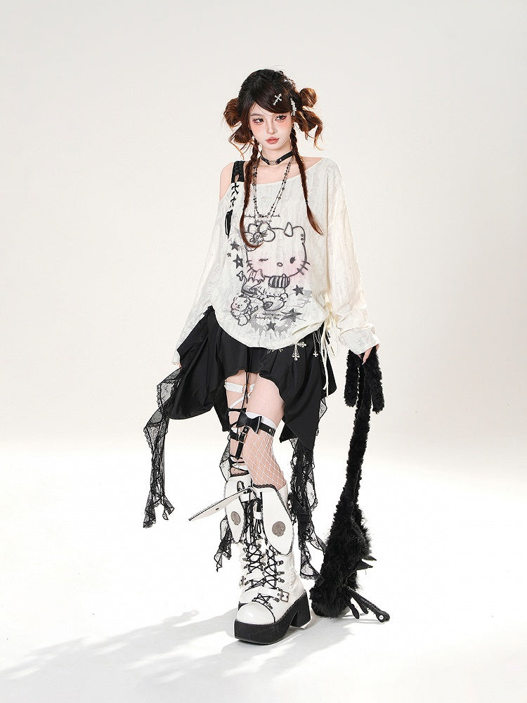 Black Lace-up Detail Cascading Lace Ruffles Skirt