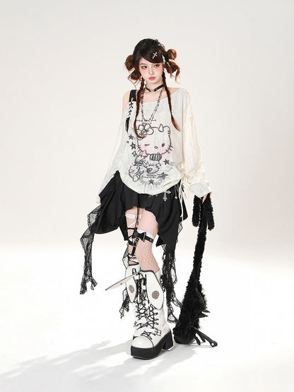 Black Lace-up Detail Cascading Lace Ruffles Skirt