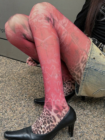 Red 100D/20D Star Leopard Print Lace Trim Tights