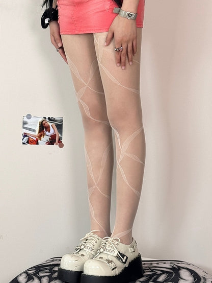 Black/Whiye/Brown/Gray Ribbon Print Tights